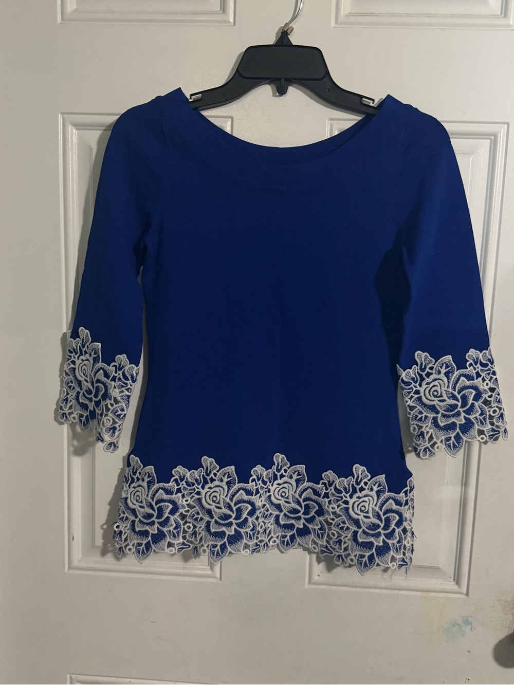 Boston Proper Royal Blue Boatneck Top with White Floral Lace Trim
